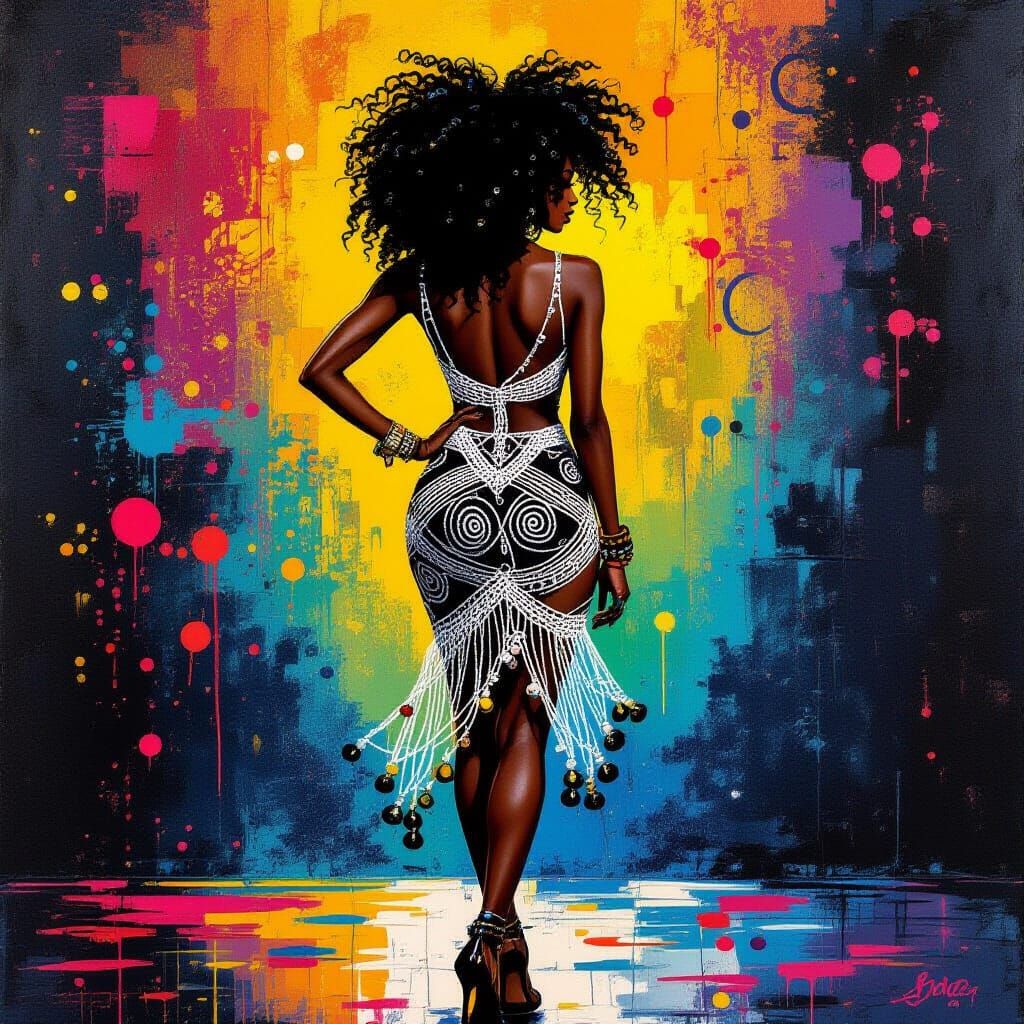 Stylish Woman in Macrame Dress, Expressionist Street Art