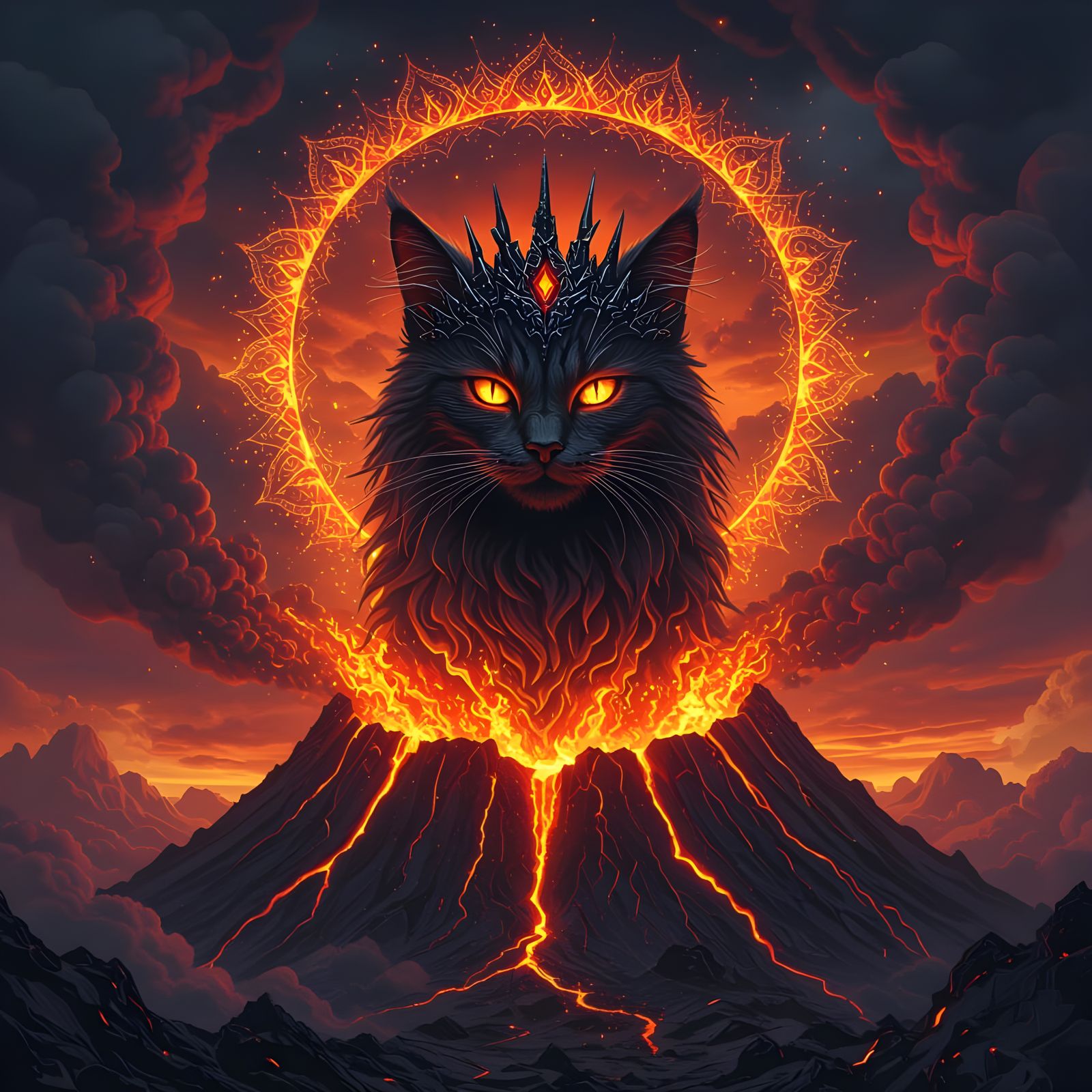 Volcanic Cat Deity Emerges from Inferno