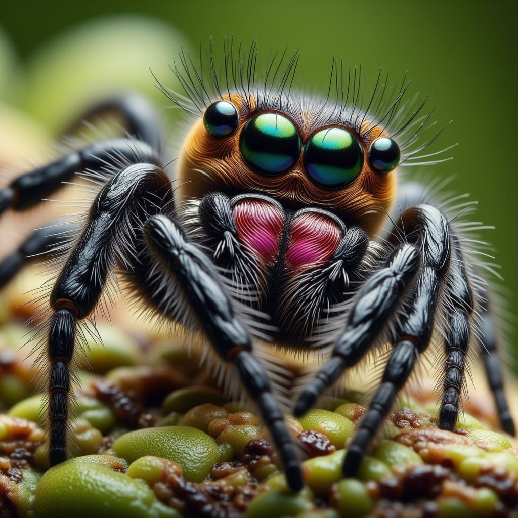 Macro photograph of a male peacock jumping spider
