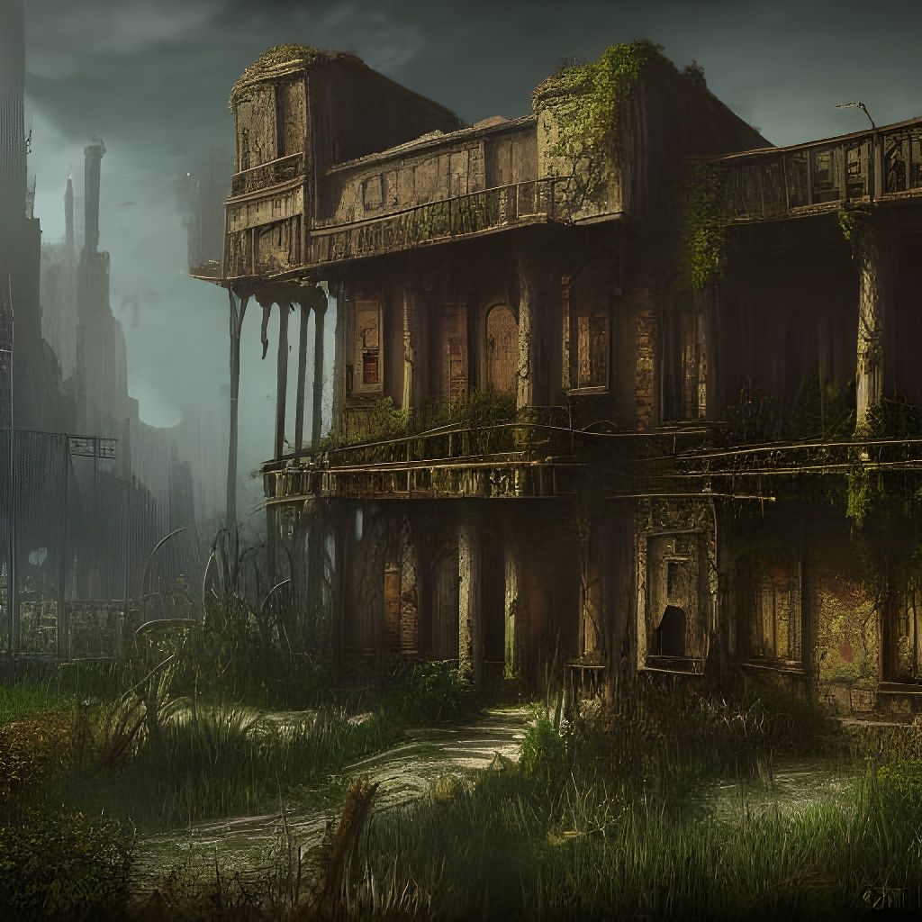 Overgrown Desolate Buildings in Detailed Matte Painting