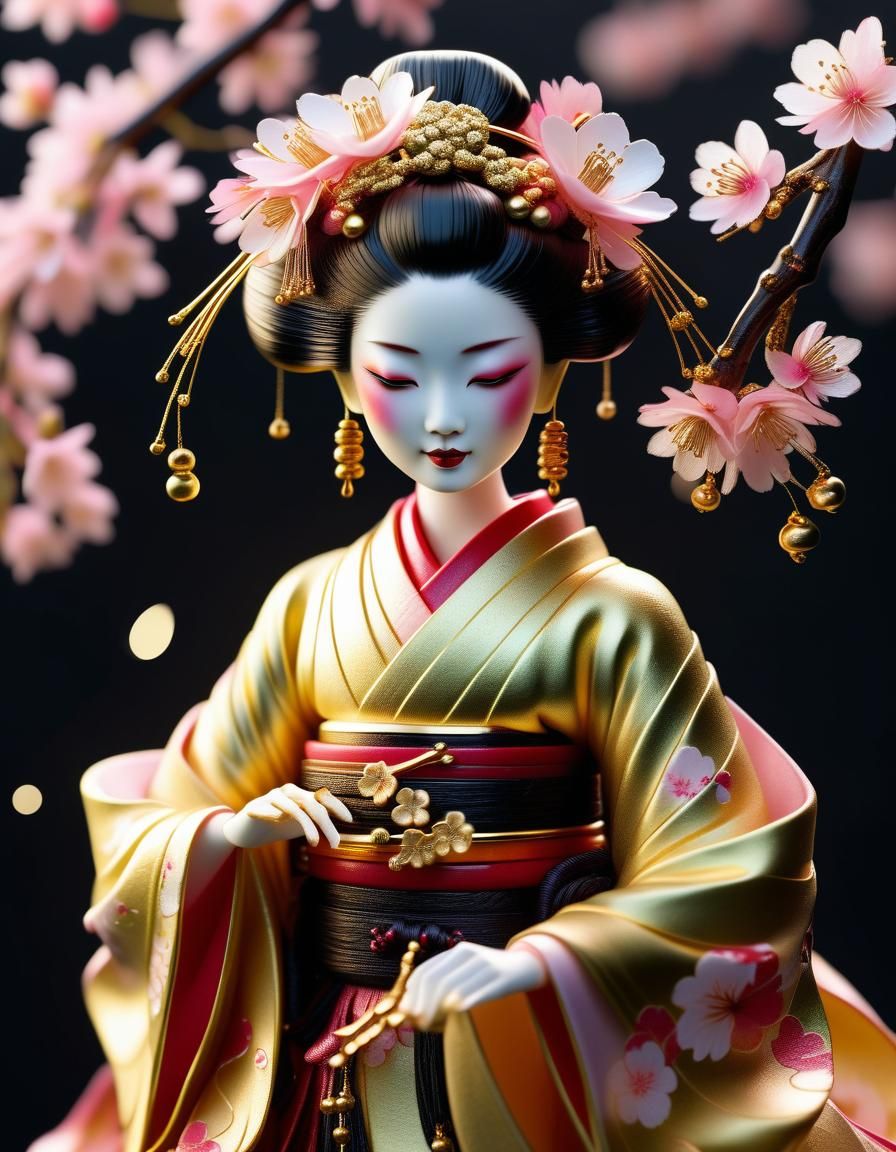 Surreal Cherry Blossom Goddess in Glowing Silks