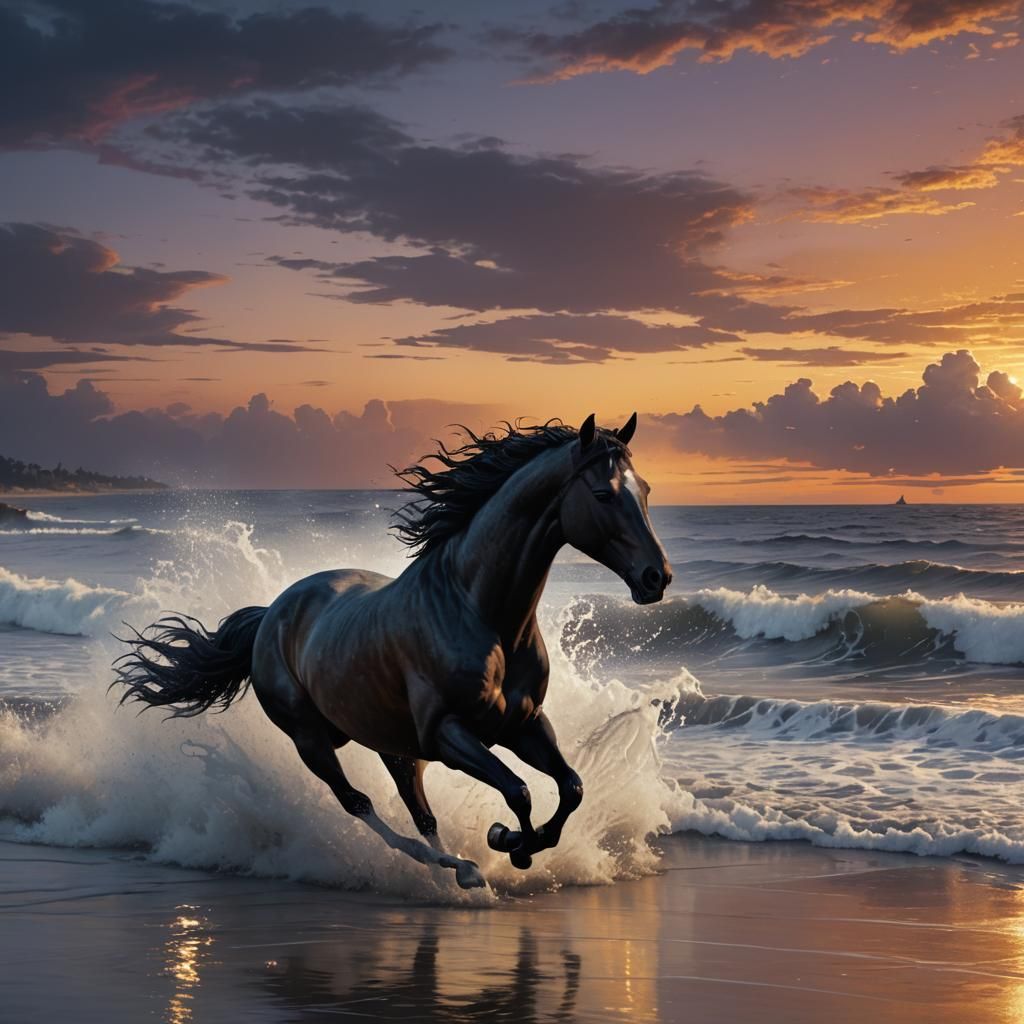 Racehorse Gallops on Shoreline at Sunset
