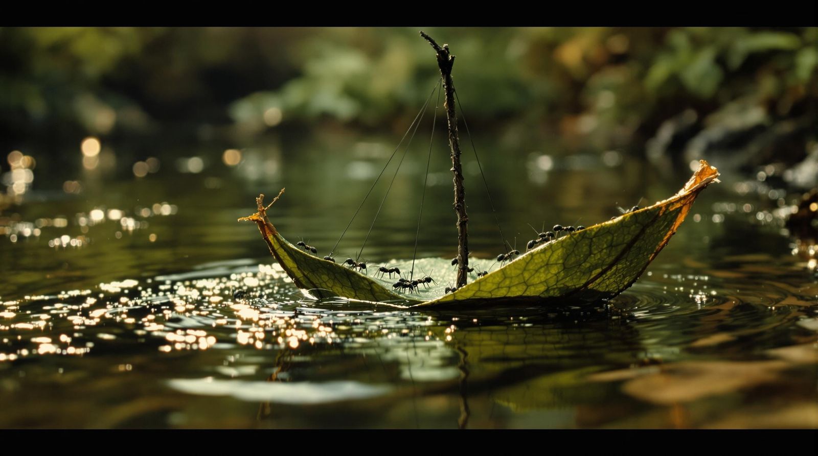Ants Sail Leaf Ship: Macro Cinematic Photography