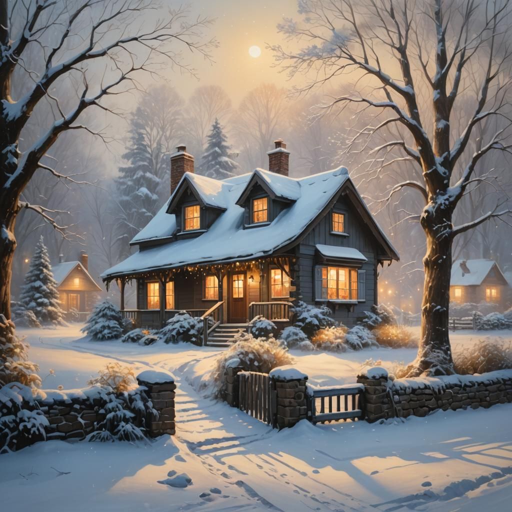 Idyllic Winter Cottage in Hyper-Realistic Oil Painting
