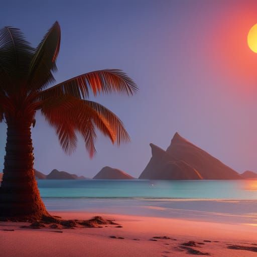 Hyperrealistic Sunset Beach Scene with Palm Tree