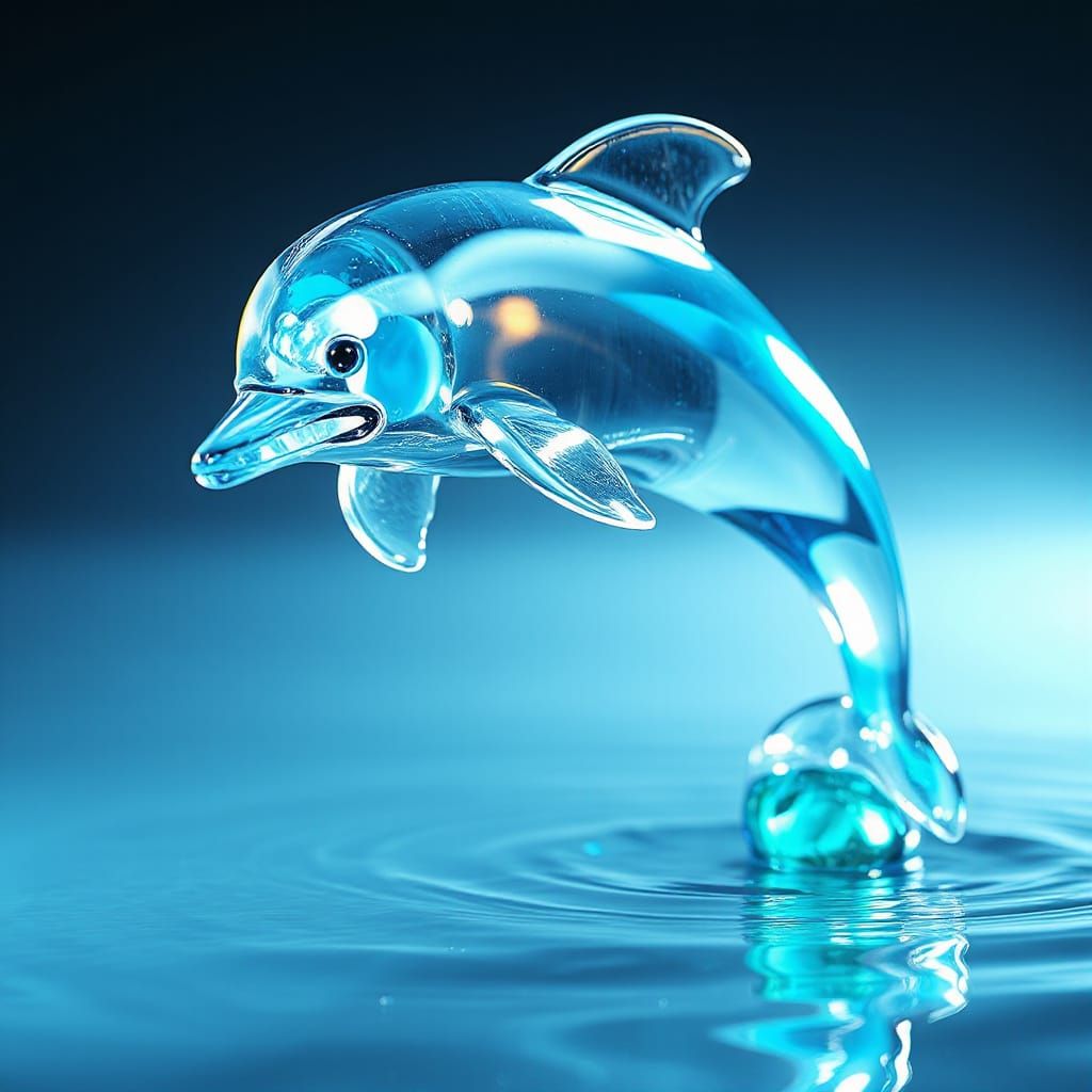 Iridescent Glass Dolphin Leaping From Digital Ocean