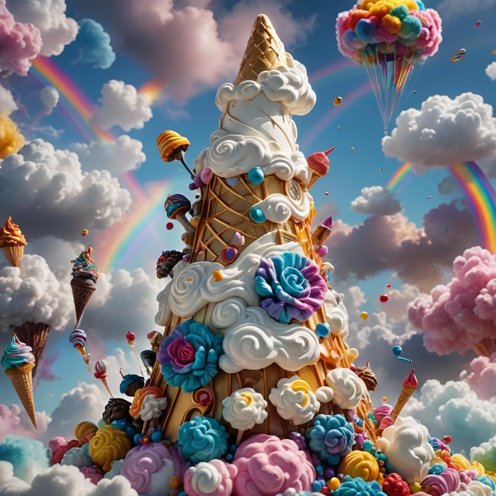 Metallic Rainbow Cone with Animals in Hyperreal Detail