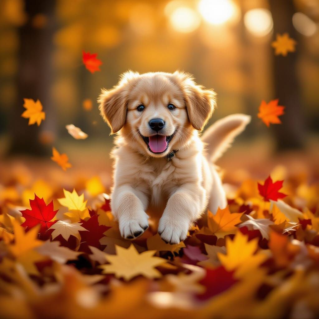 Golden Retriever Puppy Leaps into Autumn Leaves