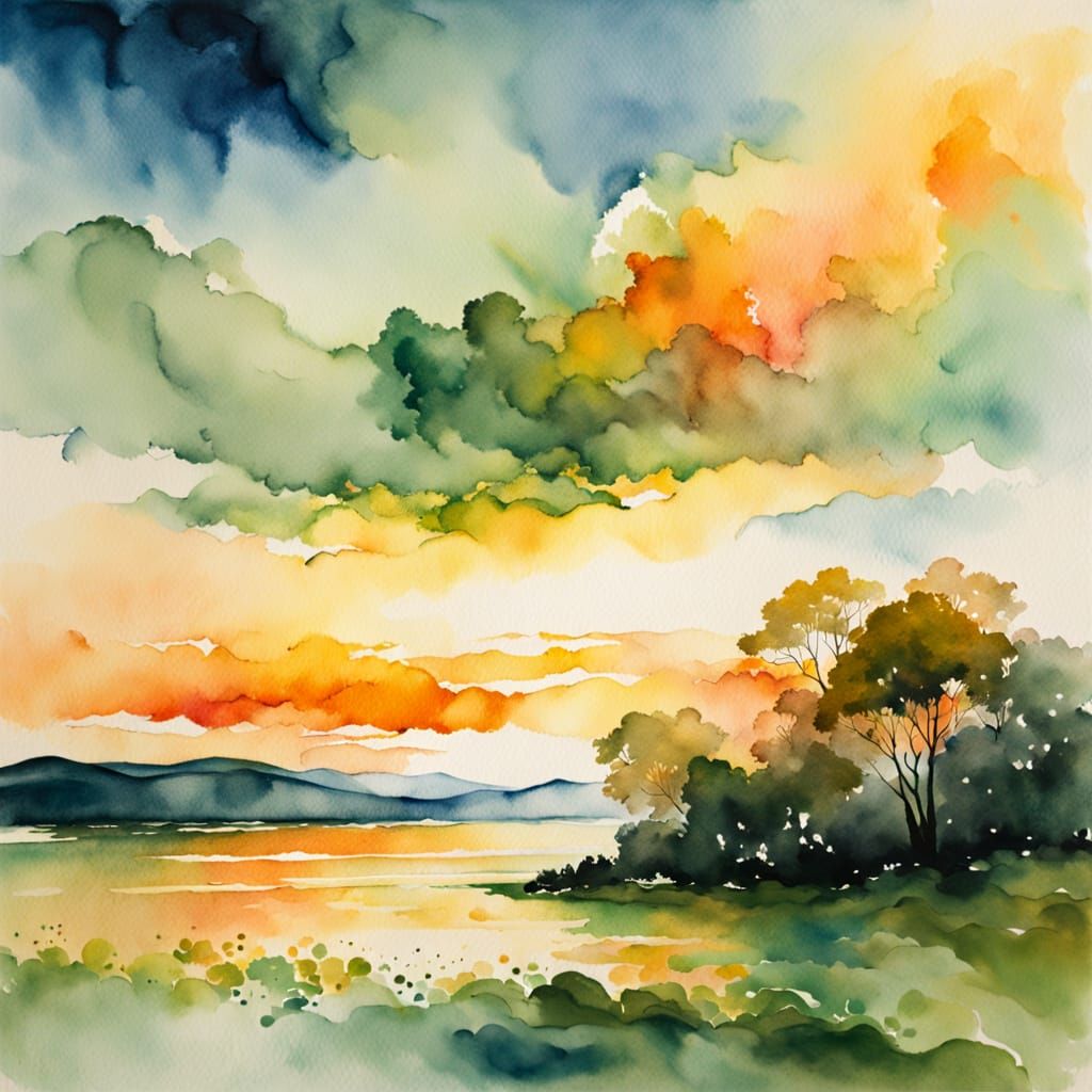 Serene Watercolor Sunset with Soft Brush Strokes