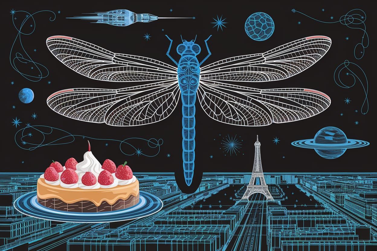 Dragonfly and Spaceship Above Paris in Stick Art Style