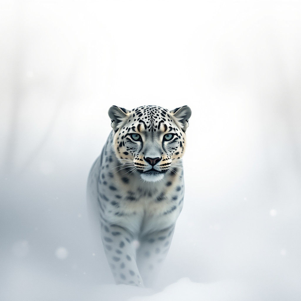 Snow Leopard in Winter Fog, Watercolor Style