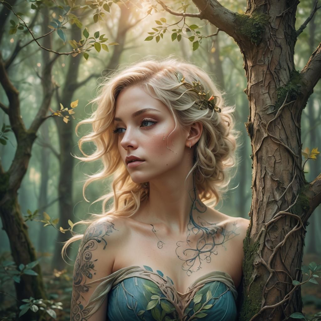 Ethereal Woman in Forest, Whimsical Digital Art