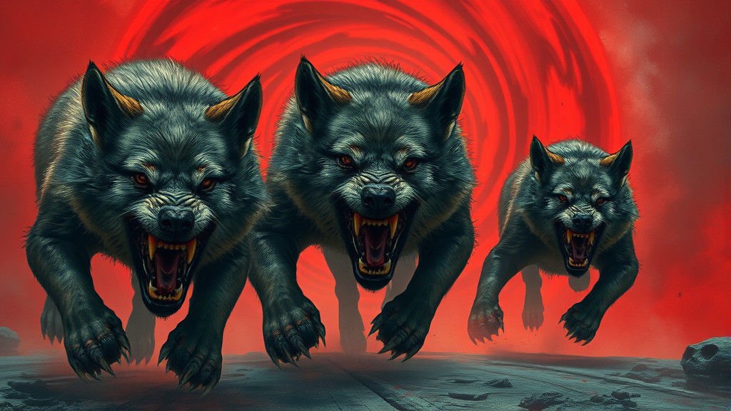 Snarling Wolves in Crimson Fog: Dark Fantasy Art