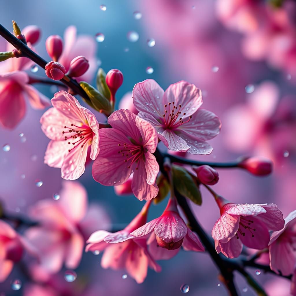 Cherry Blossoms in Raindrops: Photorealistic Concept Art