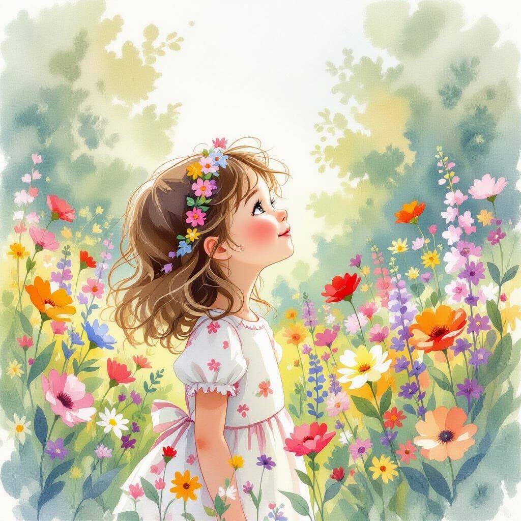 Whimsical Girl in Vibrant Garden, Watercolor Style