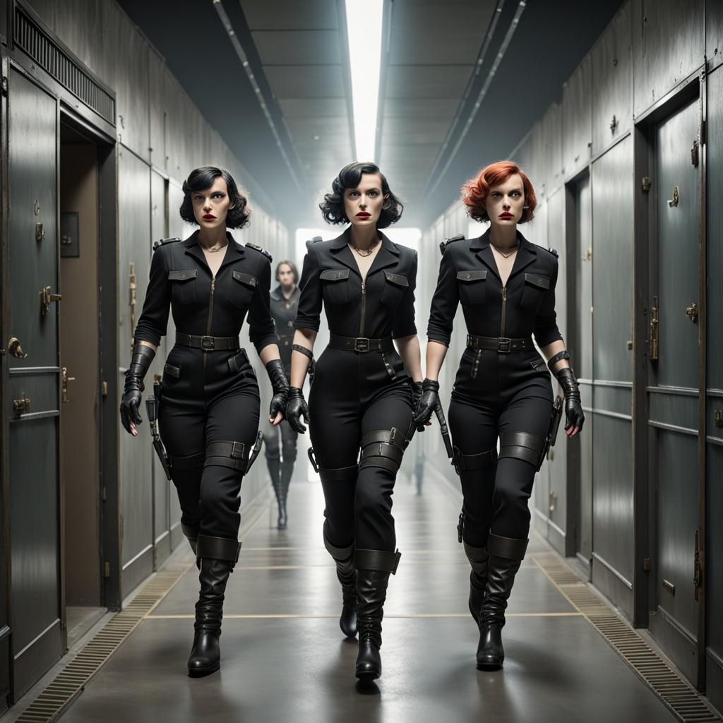 Dieselpunk Amazons Fleeing Down a Corridor