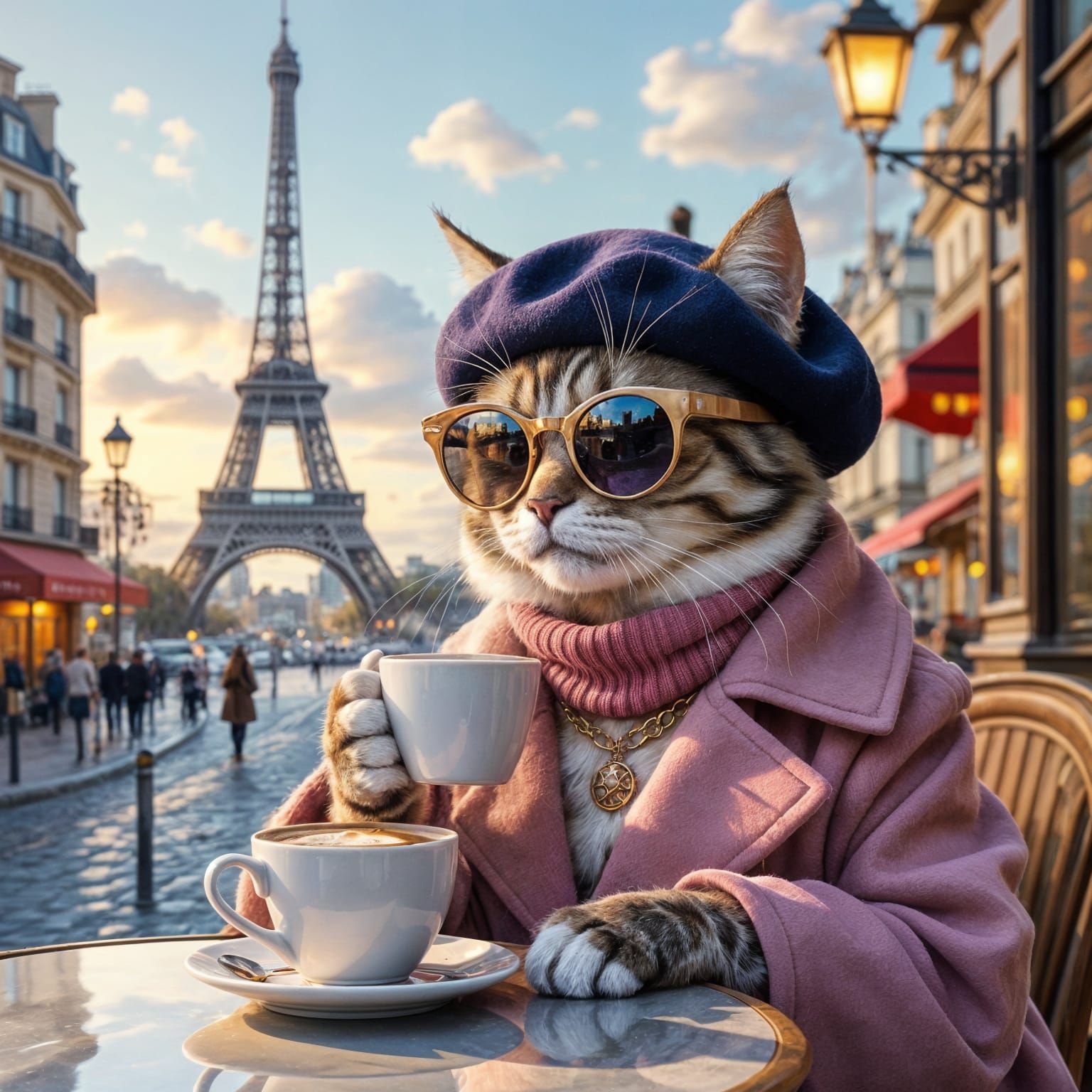 Parisian Cat Fashionista Sipping Latte, 3D Render