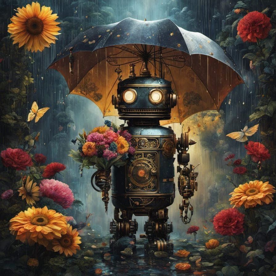 Steampunk Robot in Rainy Collage Art