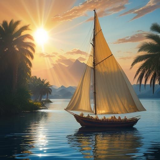Egyptian God Ra Sails Across the Nile River in Golden Hour