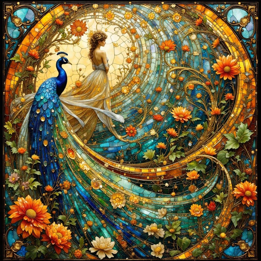 Art Nouveau Peacock and Flowers in Jewel Tones