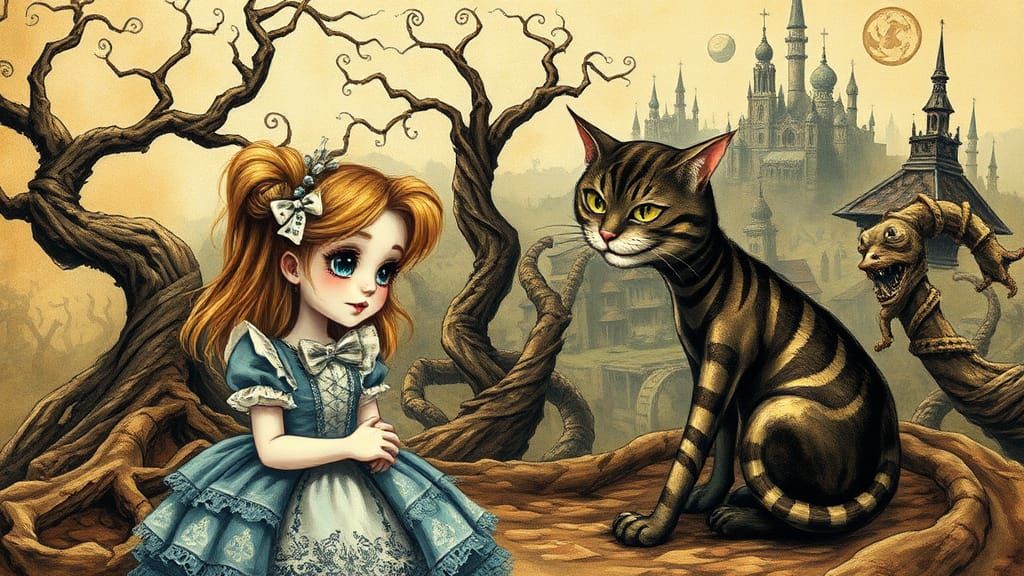 Alice in Wonderland with Chibi Cheshire Cat, Impasto Style