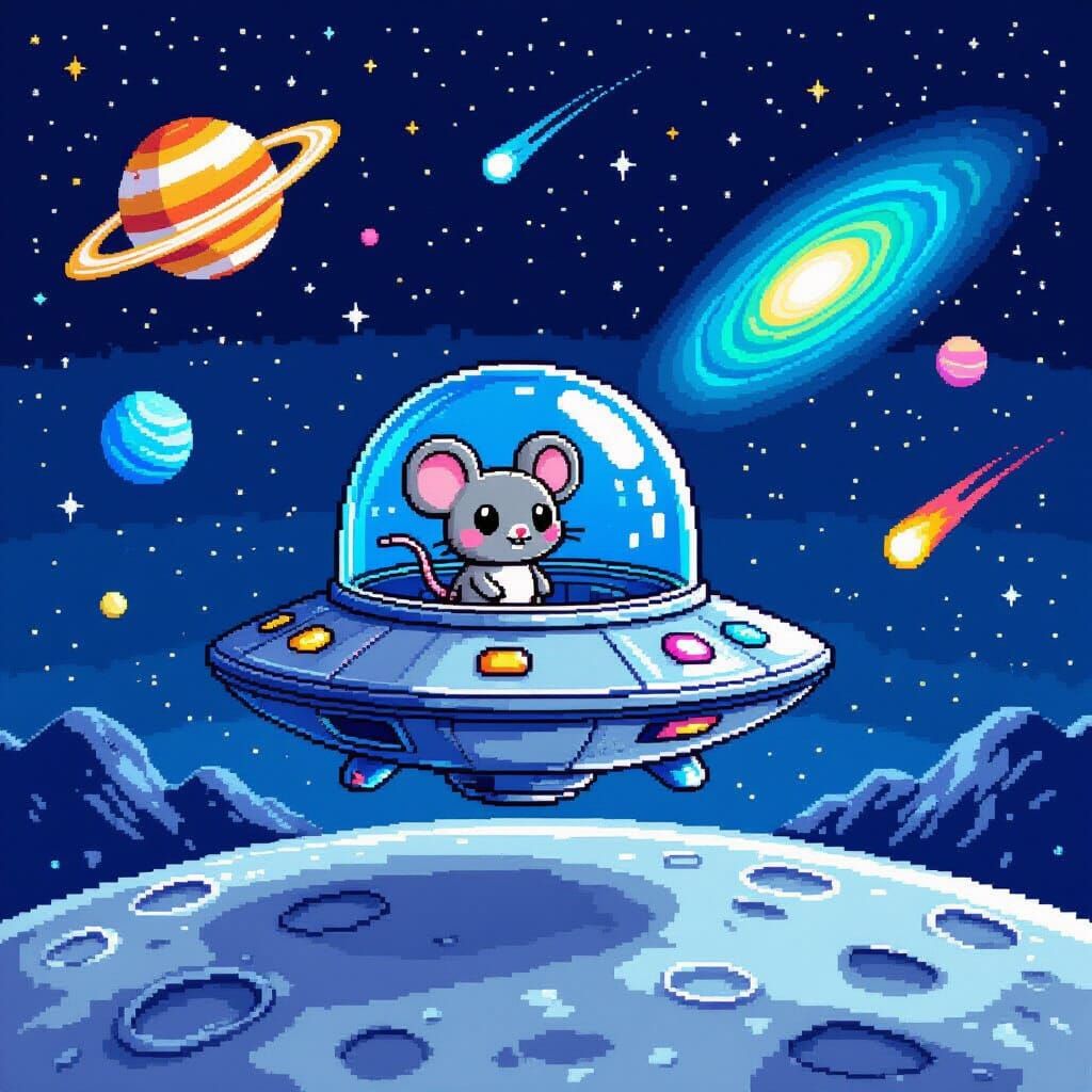 Pixel Cartoon Alien Spaceship with Chibi Mouse on Moon