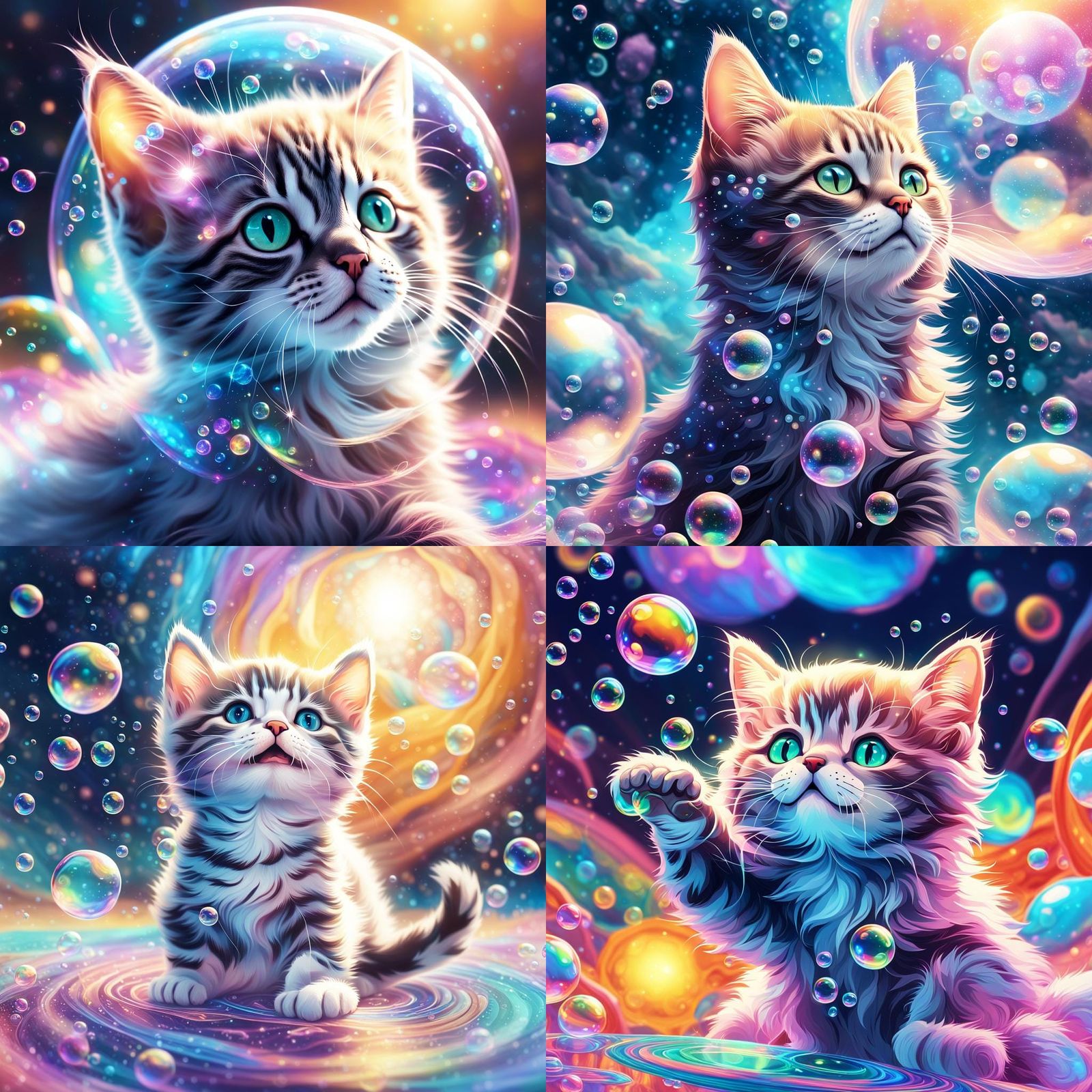 Kitten Playing in a Cosmic Bubble Dreamscape