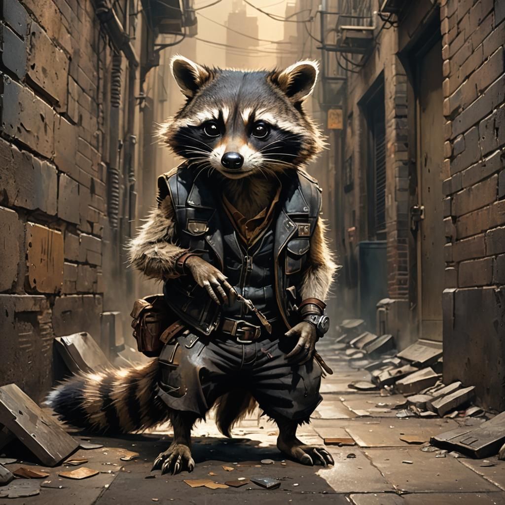 Raccoon in Alleyway, Vintage Fantasy Art Style