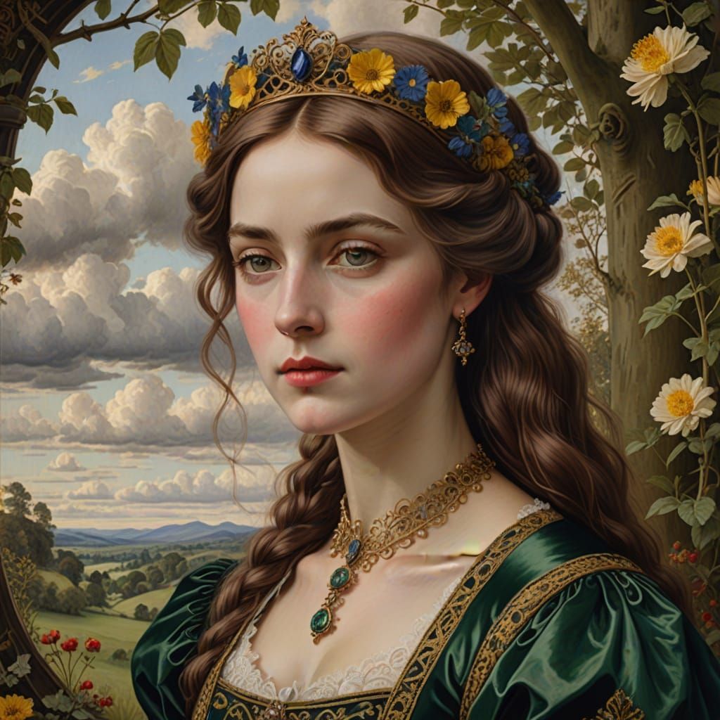 Regal Victorian Queen Portrait in Pre-Raphaelite Style