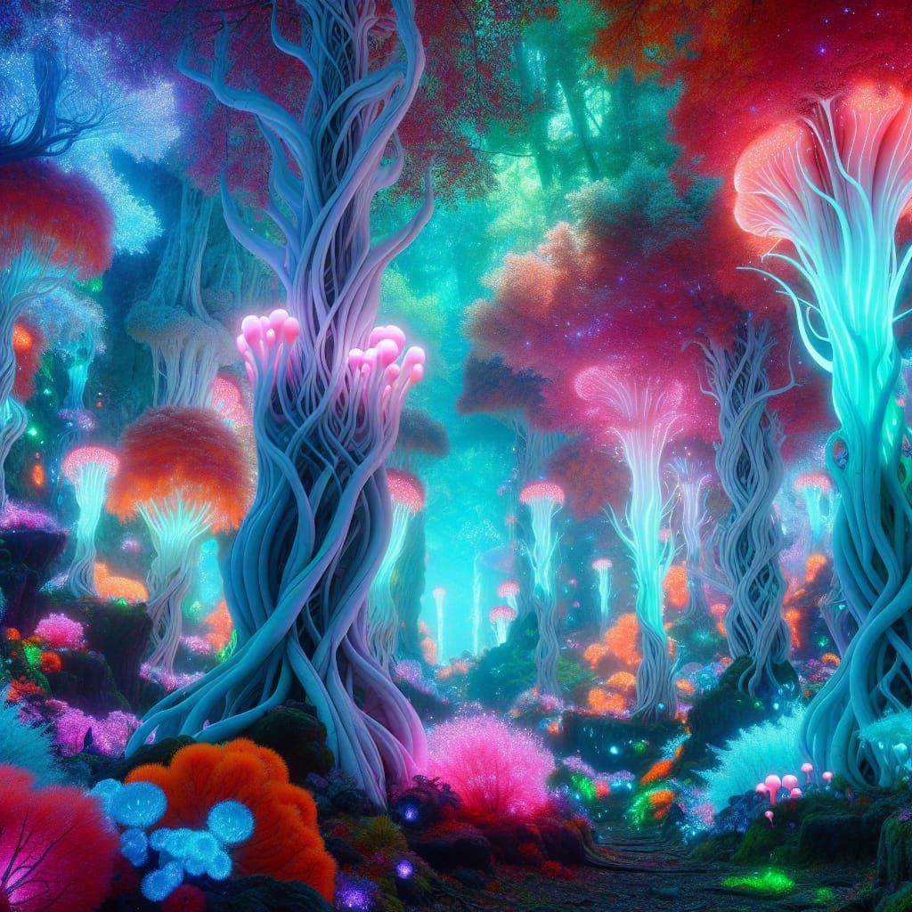 Bioluminescent Coral Forest in a Surreal Style