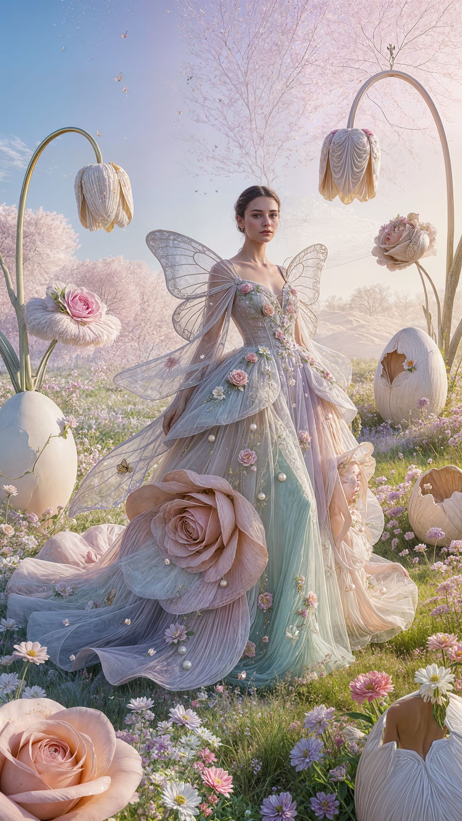 Surreal Spring Haute Couture Figure in Dreamlike Garden