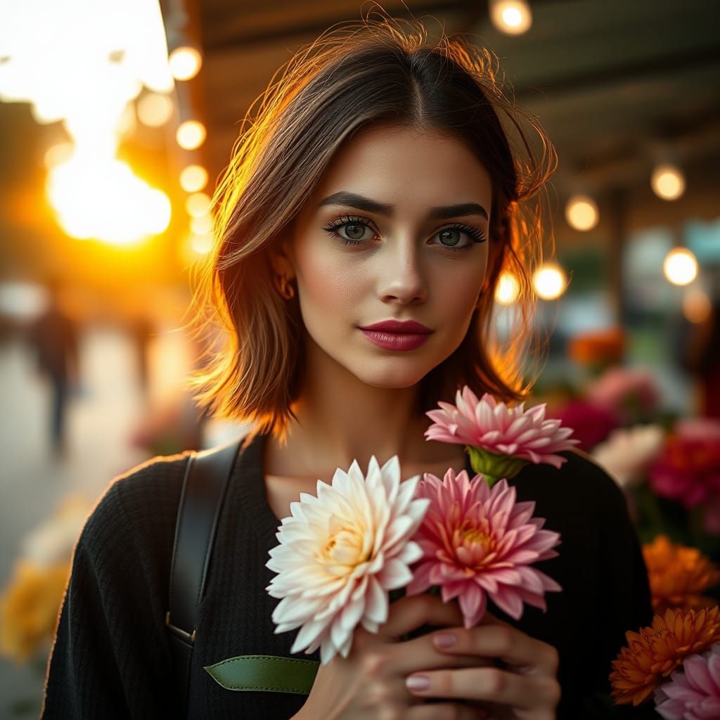 Woman with Flowers at Sunset: Photorealistic Portrait