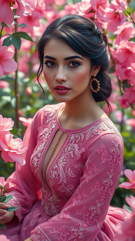 Iranian Woman in Pink Diamond Dress, Alphonse Mucha Style