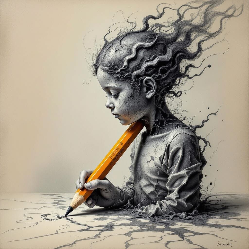 Pencil Transforms into Graphite Figure in Surreal Art