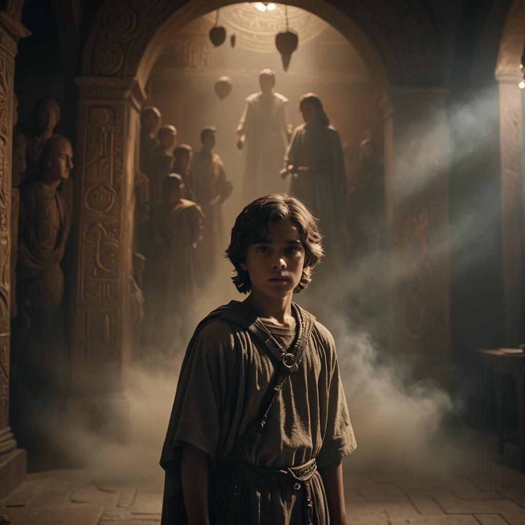 Moody Roman Room with Boy in Silver Tunic