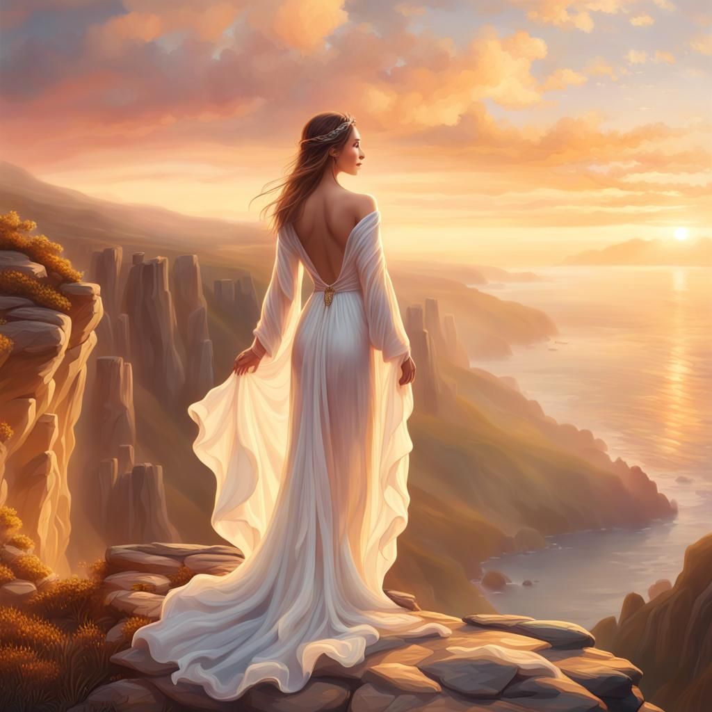 Woman in White Gown Watches Sunrise: Hyper-Realistic Art