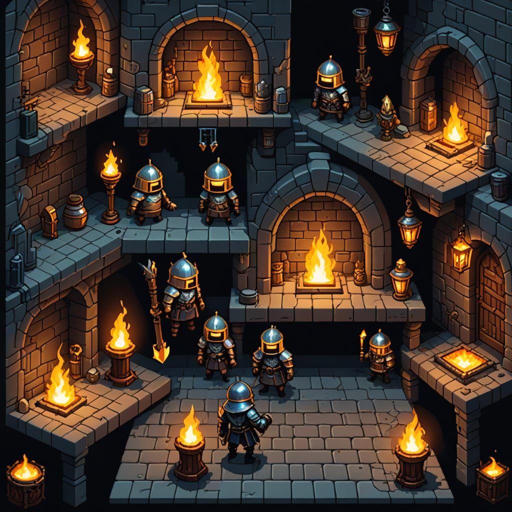 Pixel Art Dungeon Corridor with Knight and Treasure