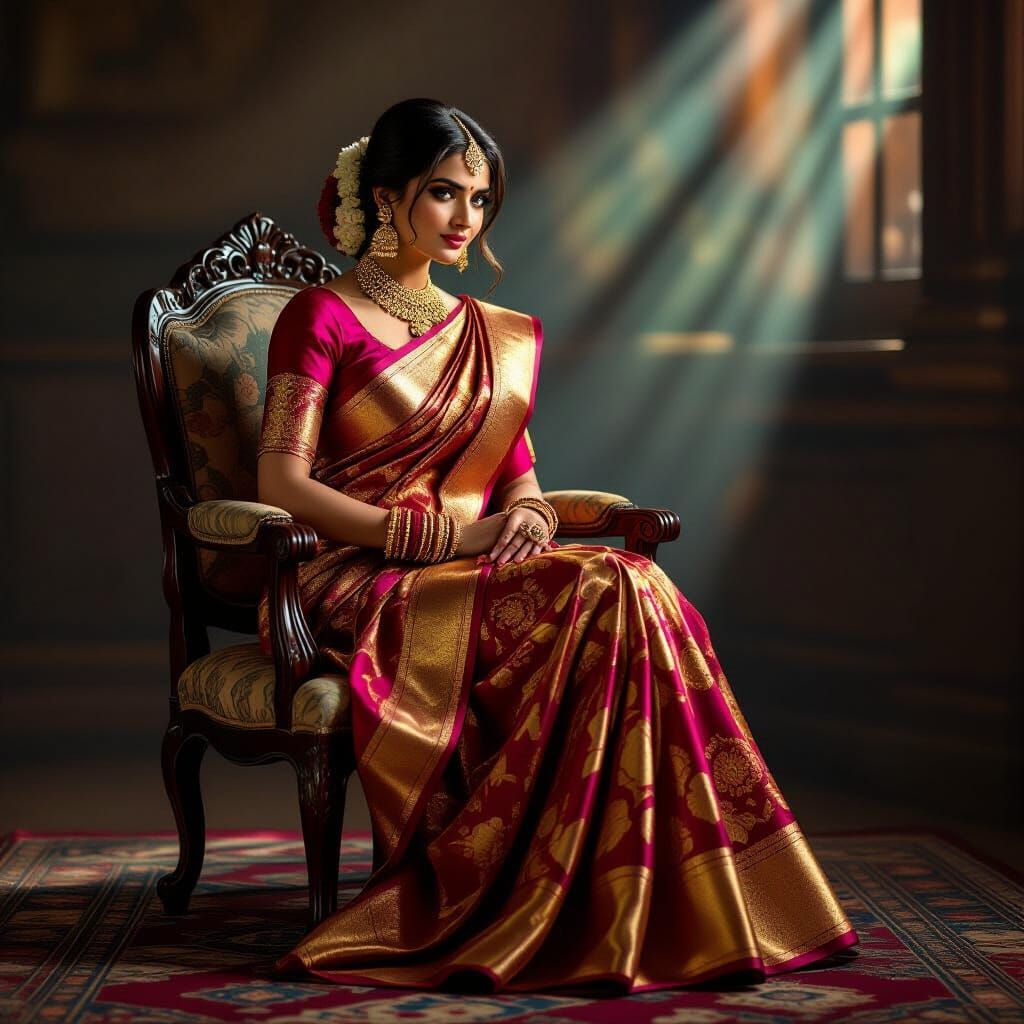 Indian Woman in Silk Saree Sitting on Ornate Chair