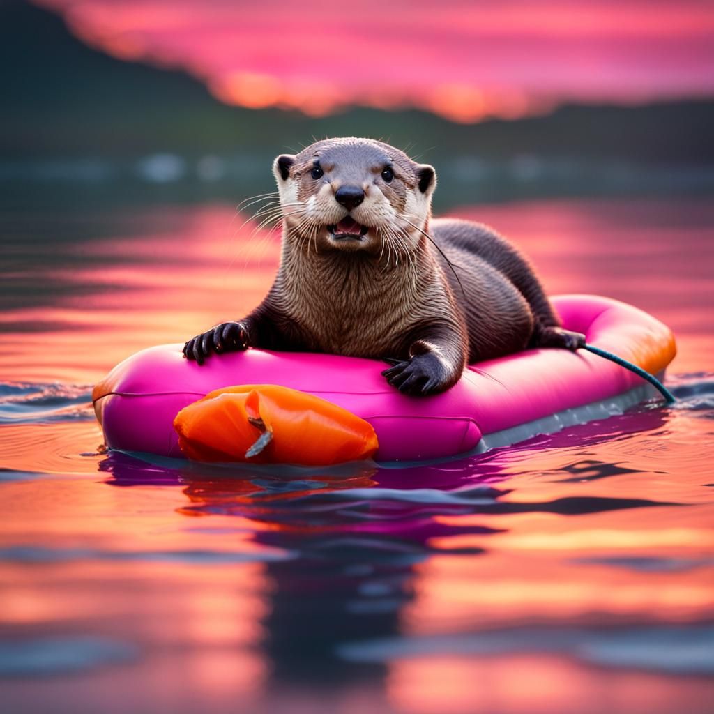 Playful Otter Floating at Sunset, Cinematic Image