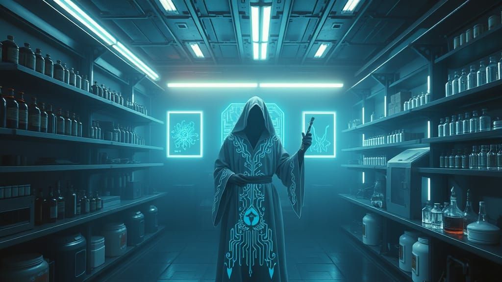 Gothic Futuristic Priest Prepares Ancient Magic Tools in Dim...