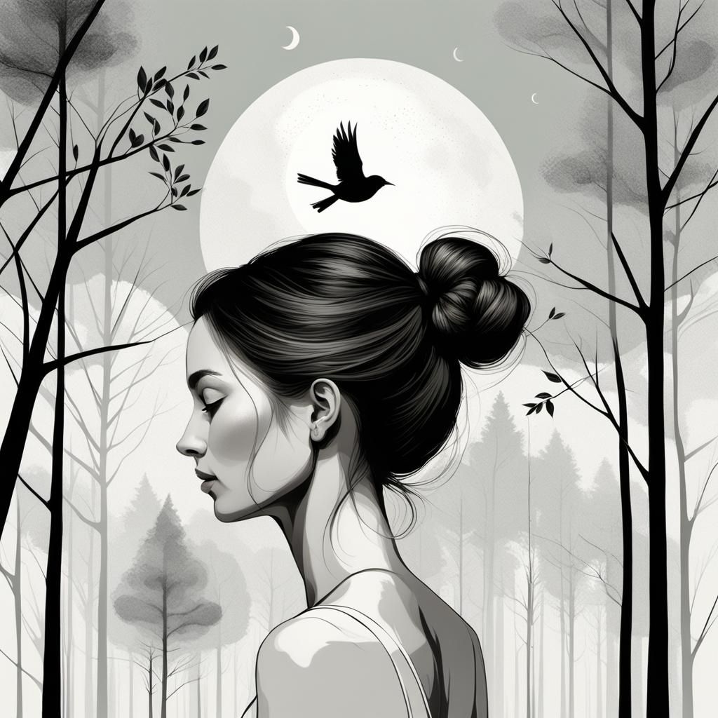 Ethereal Woman Profile Merged with Forest Scene