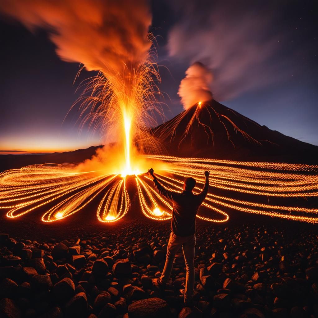 Volcano spewing golden orbs, happy man with hand on fire, lo...
