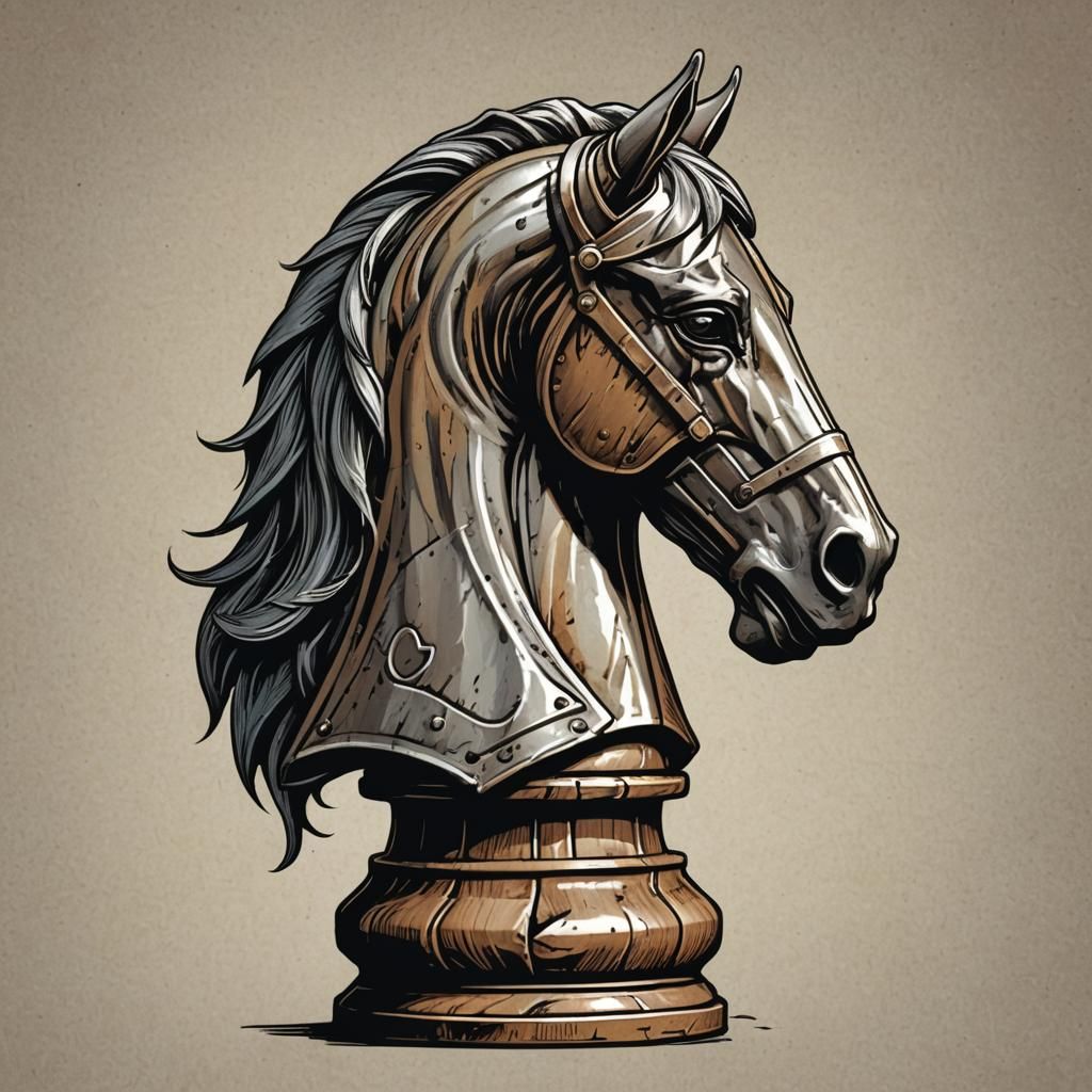 simple plain basic chess piece, knight, horse head, profile view, illustration