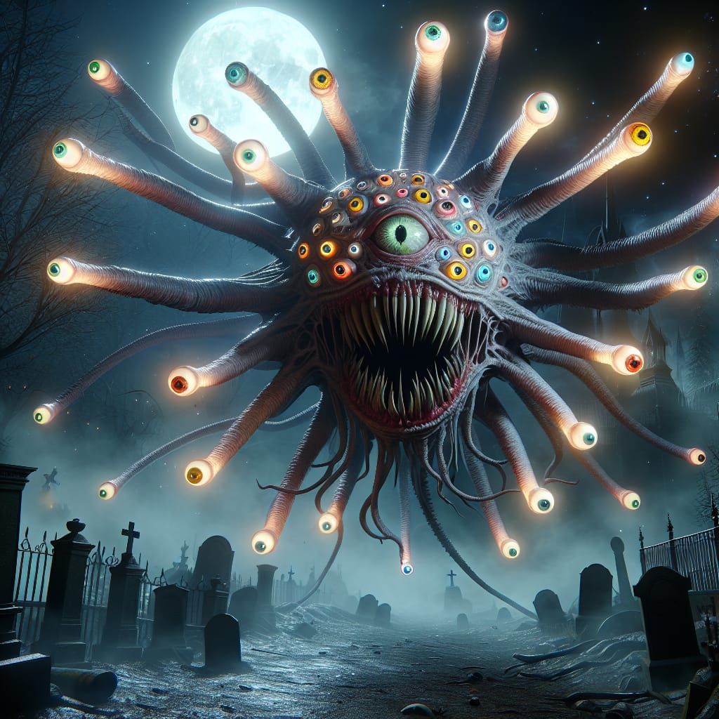 Undead Beholder Spewing Rainbow Rays in Graveyard