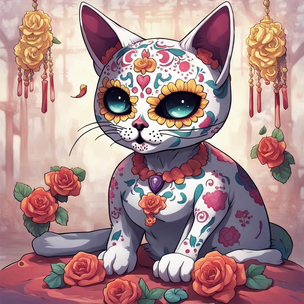 Colorful Sugar Skull Cat in Anime Style