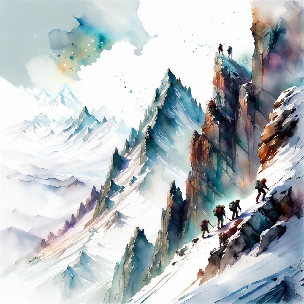 Mountaineers Climb Galaxy Mountain in Watercolor Style