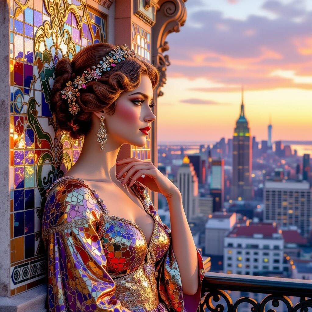 Art Nouveau Woman Sculpture in Shimmering Tiles