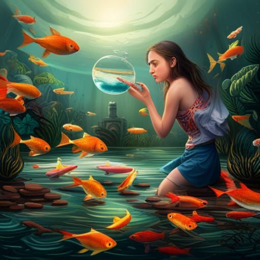 Girl Controls Water with Colorful Fish