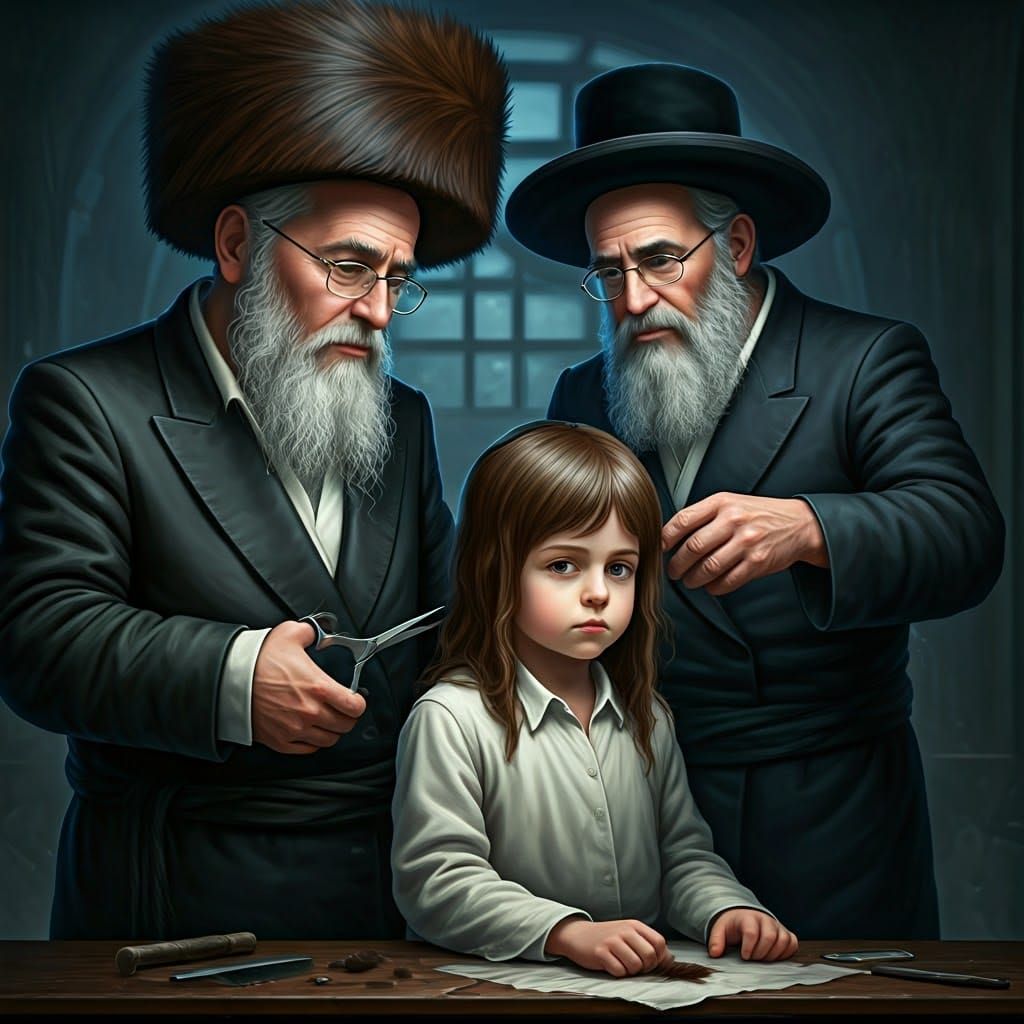 Hasidic Man Cuts Boy's Hair in Matte Painting