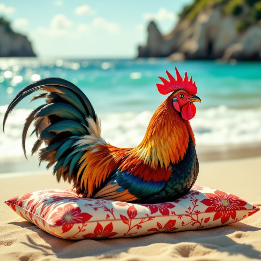 Regal Rooster Basks in Rococo Beach Paradise